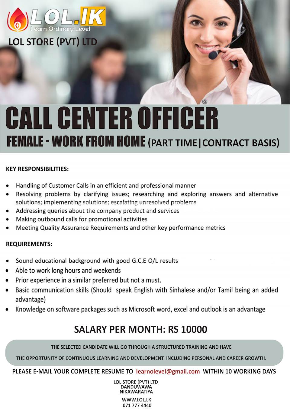 Call Center Officer (Female - Work from Home)