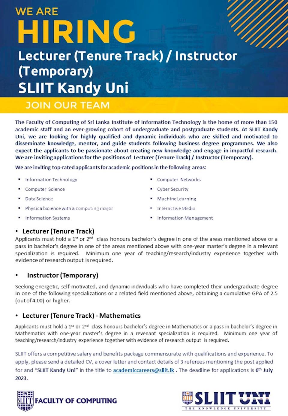 Lecturer (Tenure Track) | Instructor (Temporary) | SLIIT Kandy UNI