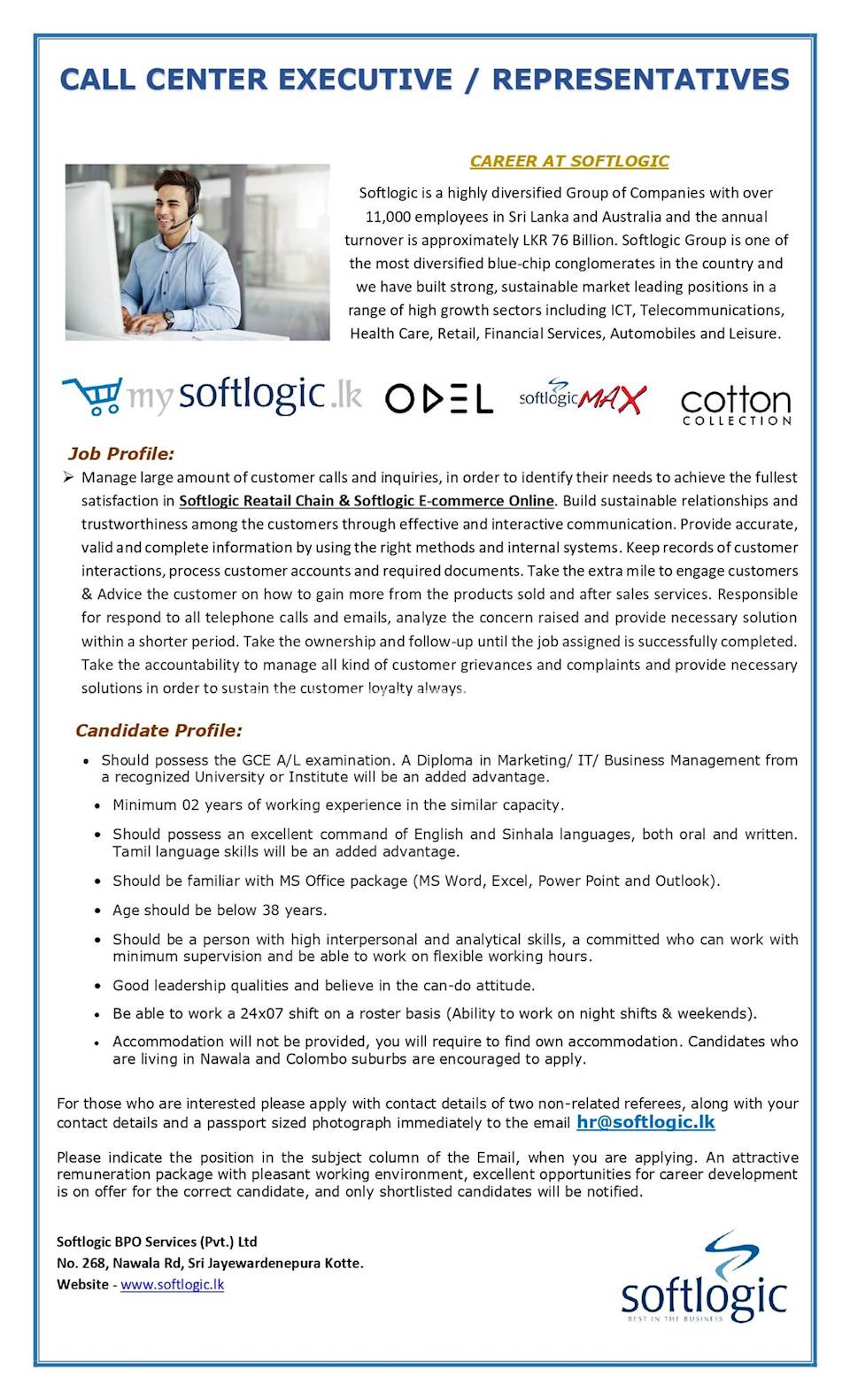 Immediate Vacancy for Call Centre Executive/ Representatives - Softlogic Retail and Softlogic E-commerce Online
