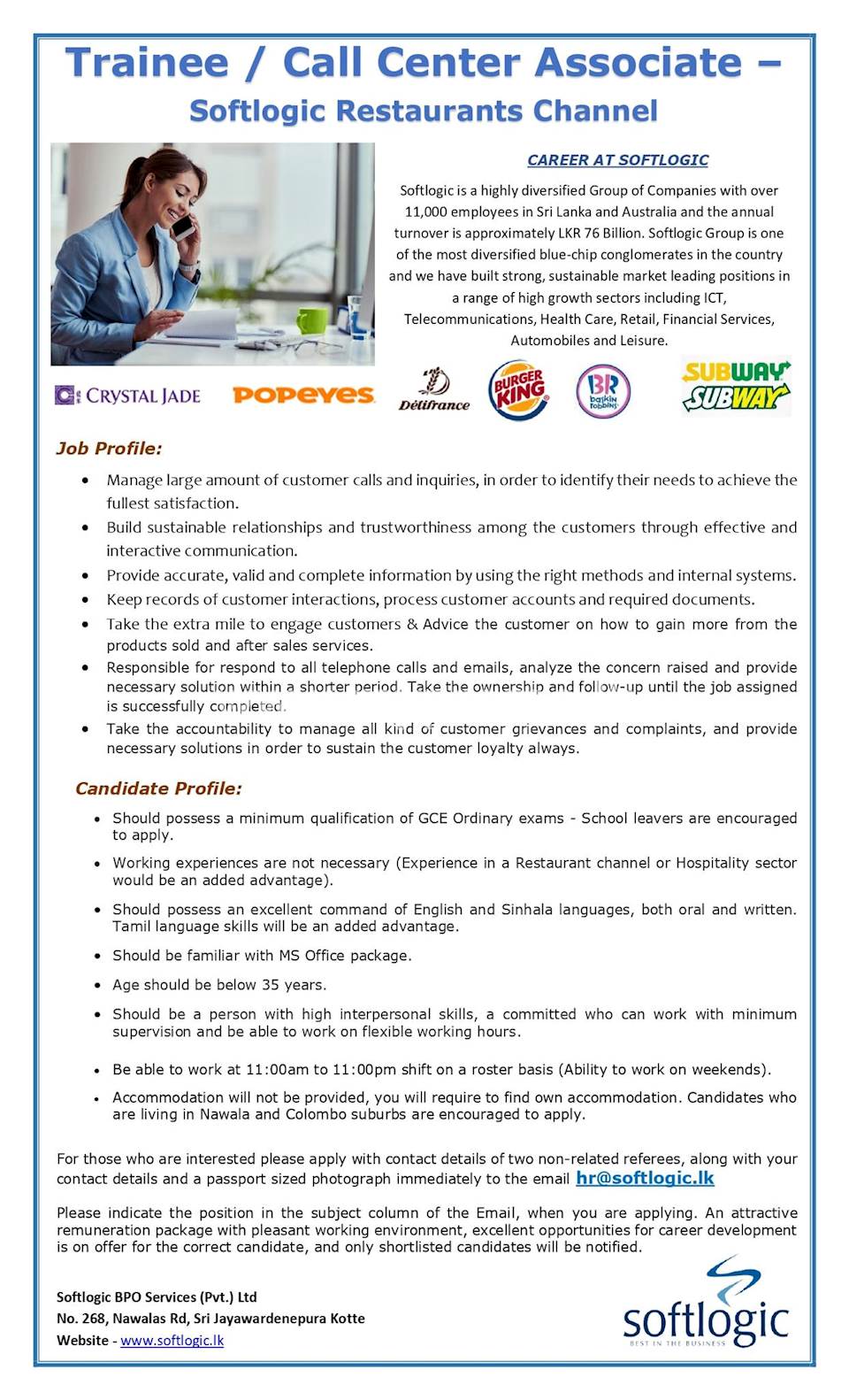 Immediate Vacancy for Trainee/ Call Centre Associate - Softlogic Restaurants Channel