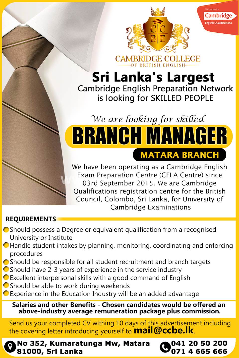 Branch Manager Vacancy At Cambridge College Of British English Matara Branch 7590