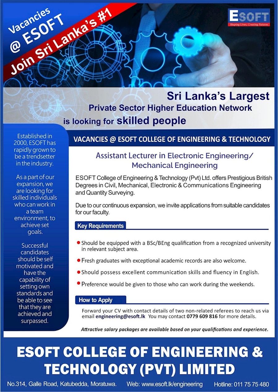 ASSISTANT LECTURER in Electrical engineering or Mechanical engineering