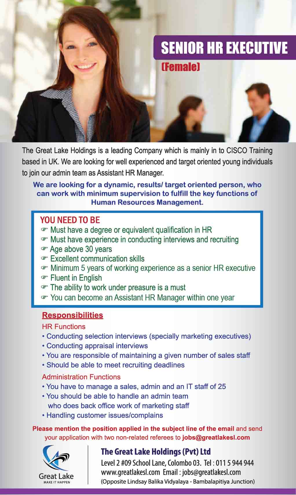 Vacancy for SENIOR HR EXECUTIVE at Great Lake Holdings Pvt Ltd at ...