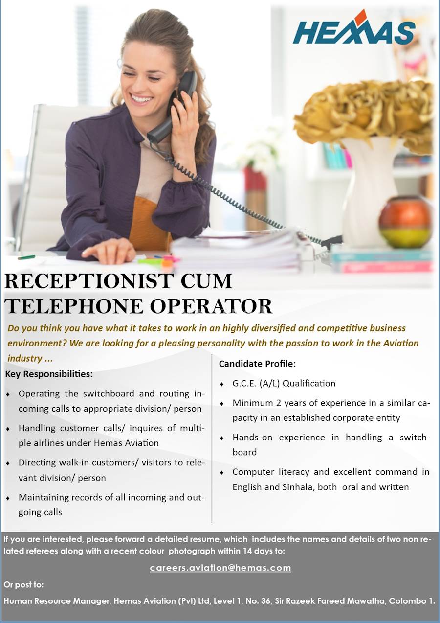 RECEPTIONIST cum TELEPHONE OPERATOR at HEMAS AVIATION