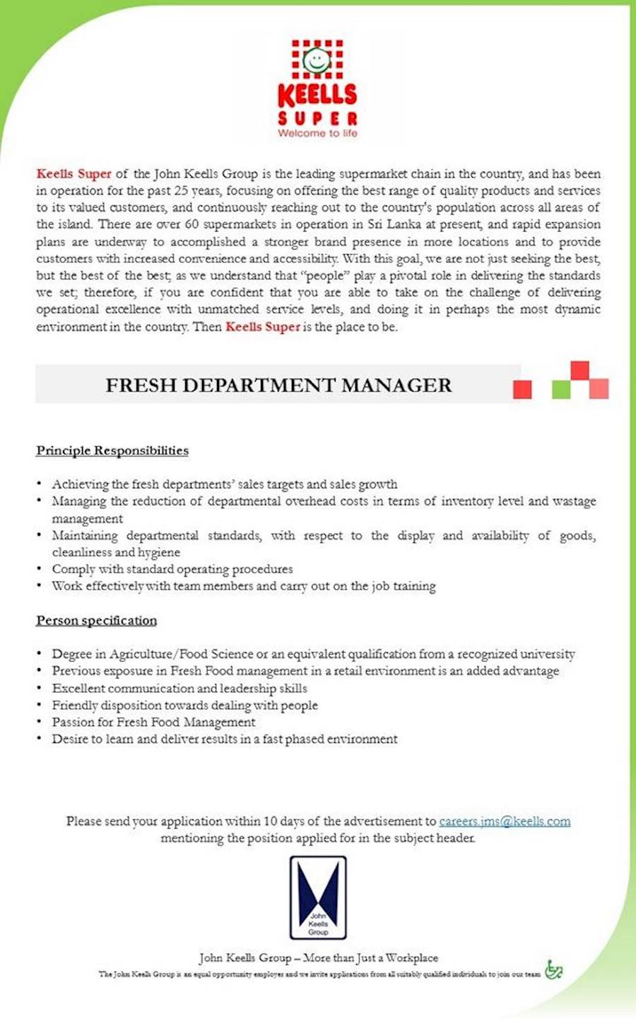 Vacancy for FRESH DEPARTMENT MANAGER at JOHN KEELLS HOLDINGS