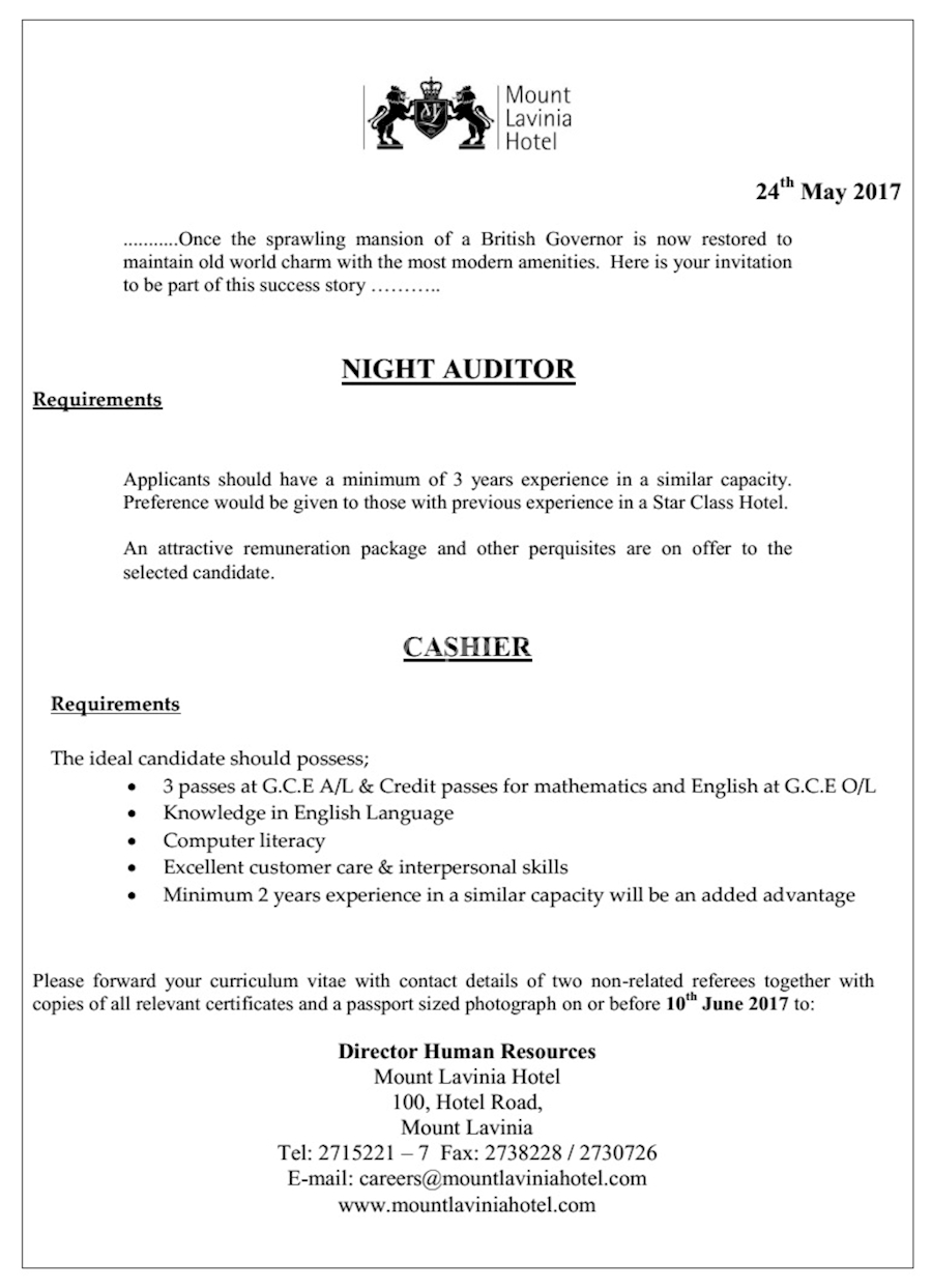 NIGHT AUDITOR and CASHIER