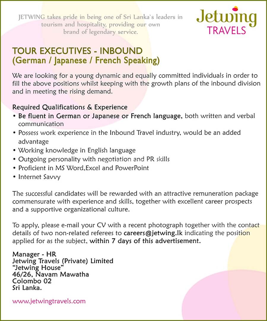 TOUR EXECUTIVE - INBOUND (German or Japanese or French speaking) at JETWING TRAVELS 
