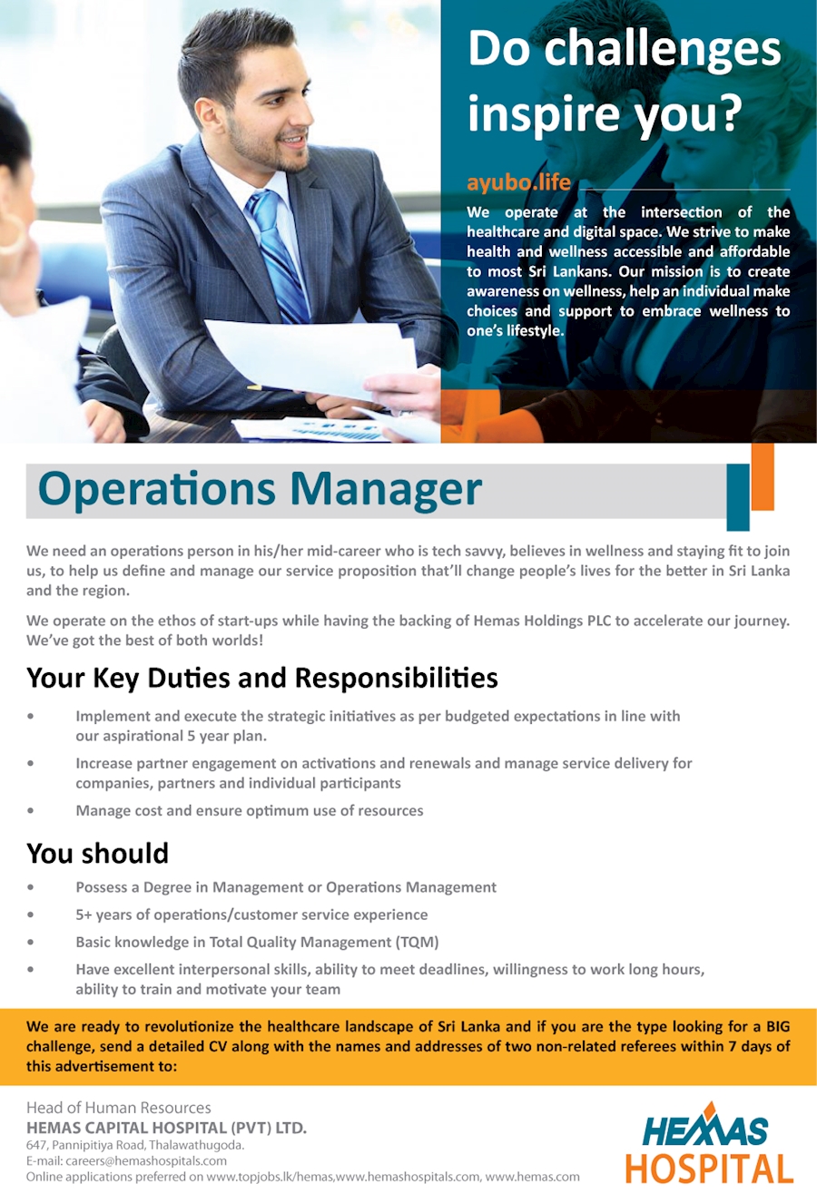 Operations Manger At Hemas Hospitals At Hemas Holdings