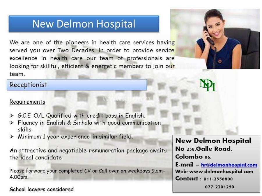 RECEPTIONIST at NEW DELMON HOSPITAL 