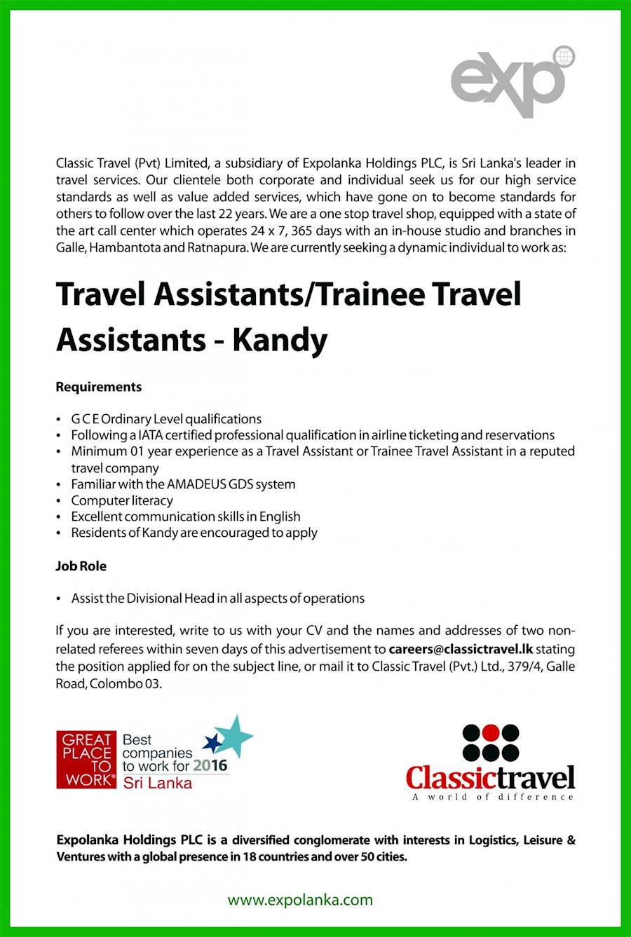 TRAVEL ASSISTANTS or TRAINEE TRAVEL ASSISTANTS - KANDY at EXPOLANKA 