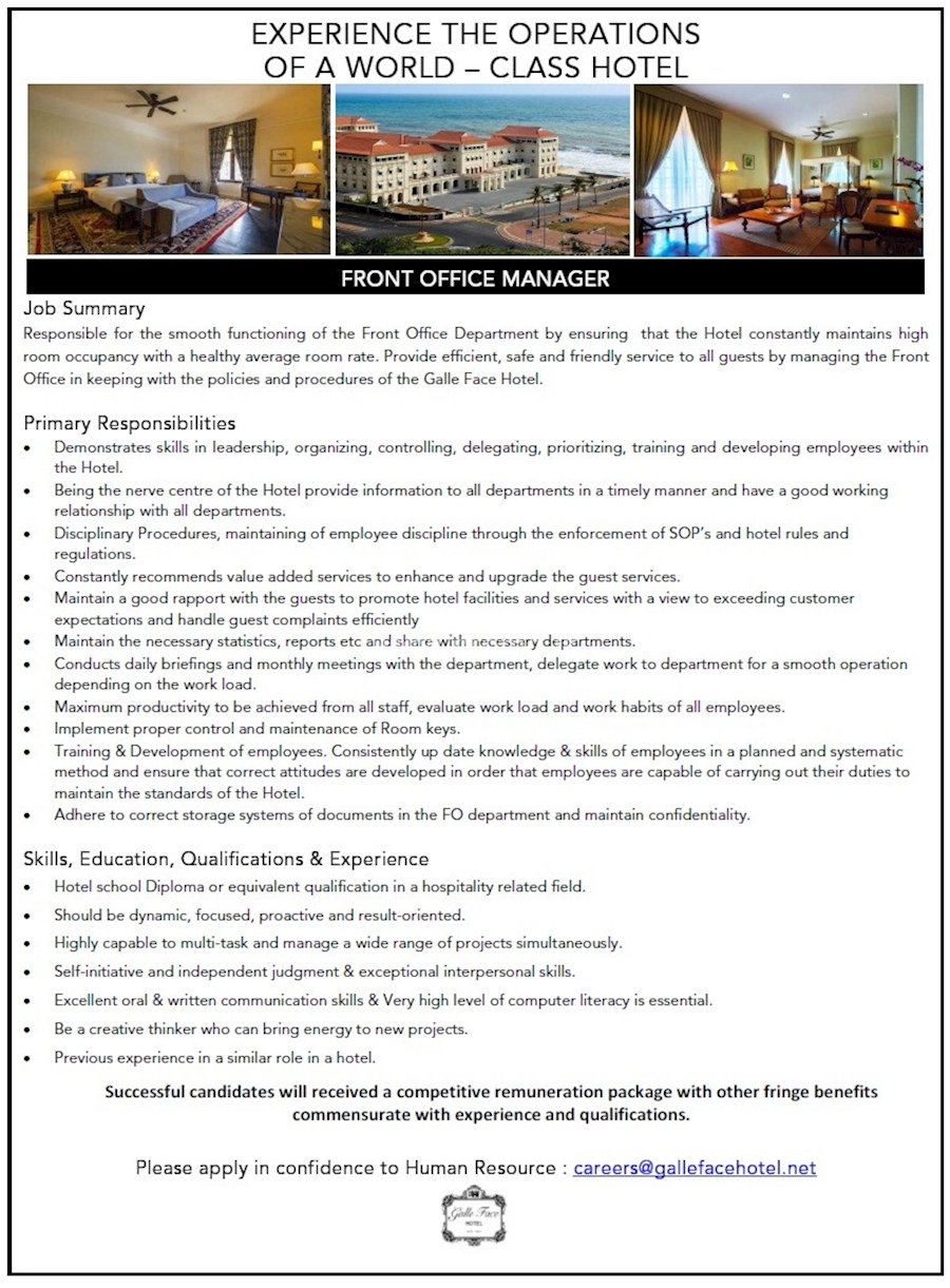 FRONT OFFICE MANAGER at GALLE FACE HOTEL at Galle Face Hotel