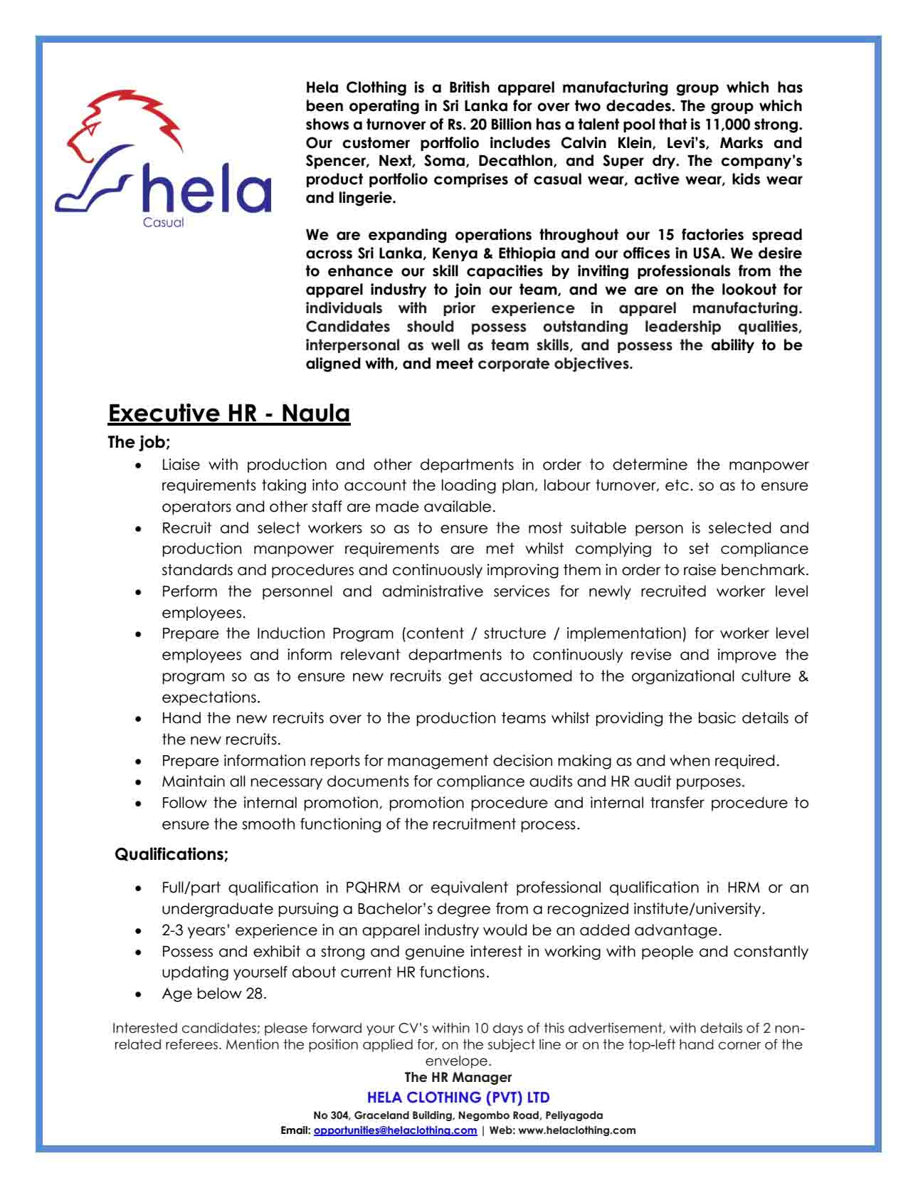 Vacancy for EXECUTIVE HR at Hela Clothing Pvt Ltd