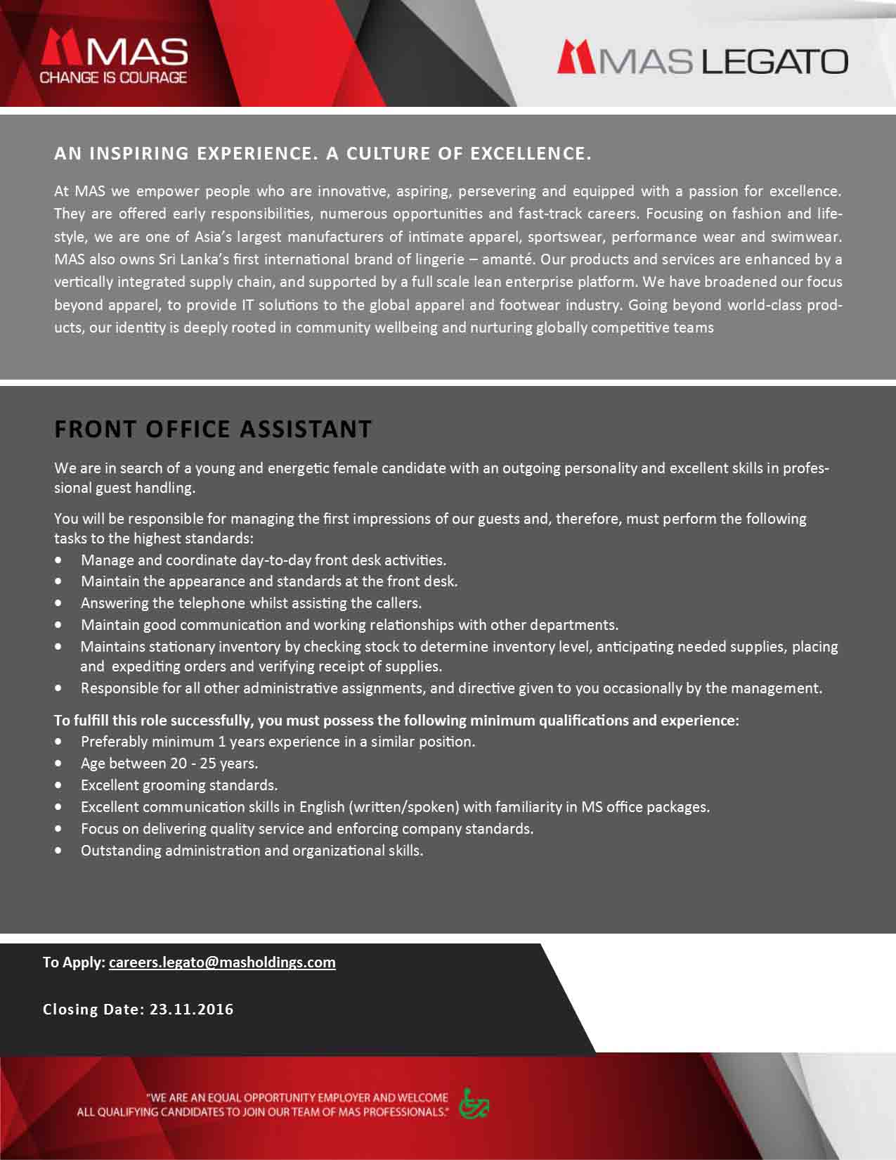 Vacancy for FRONT OFFICE ASSISTANT at MAS Holding