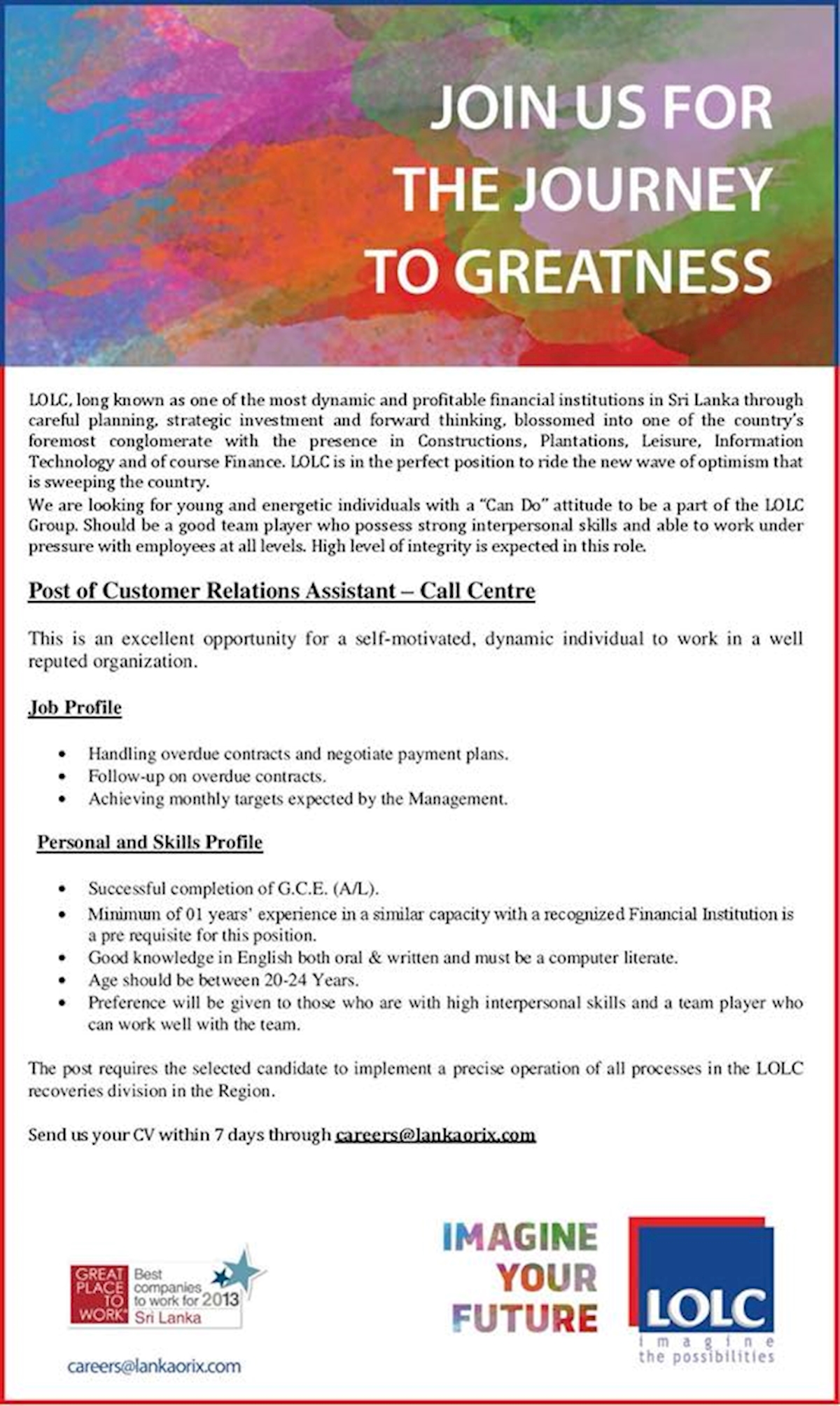 Post of Customer Relations Assistant - Call Centre