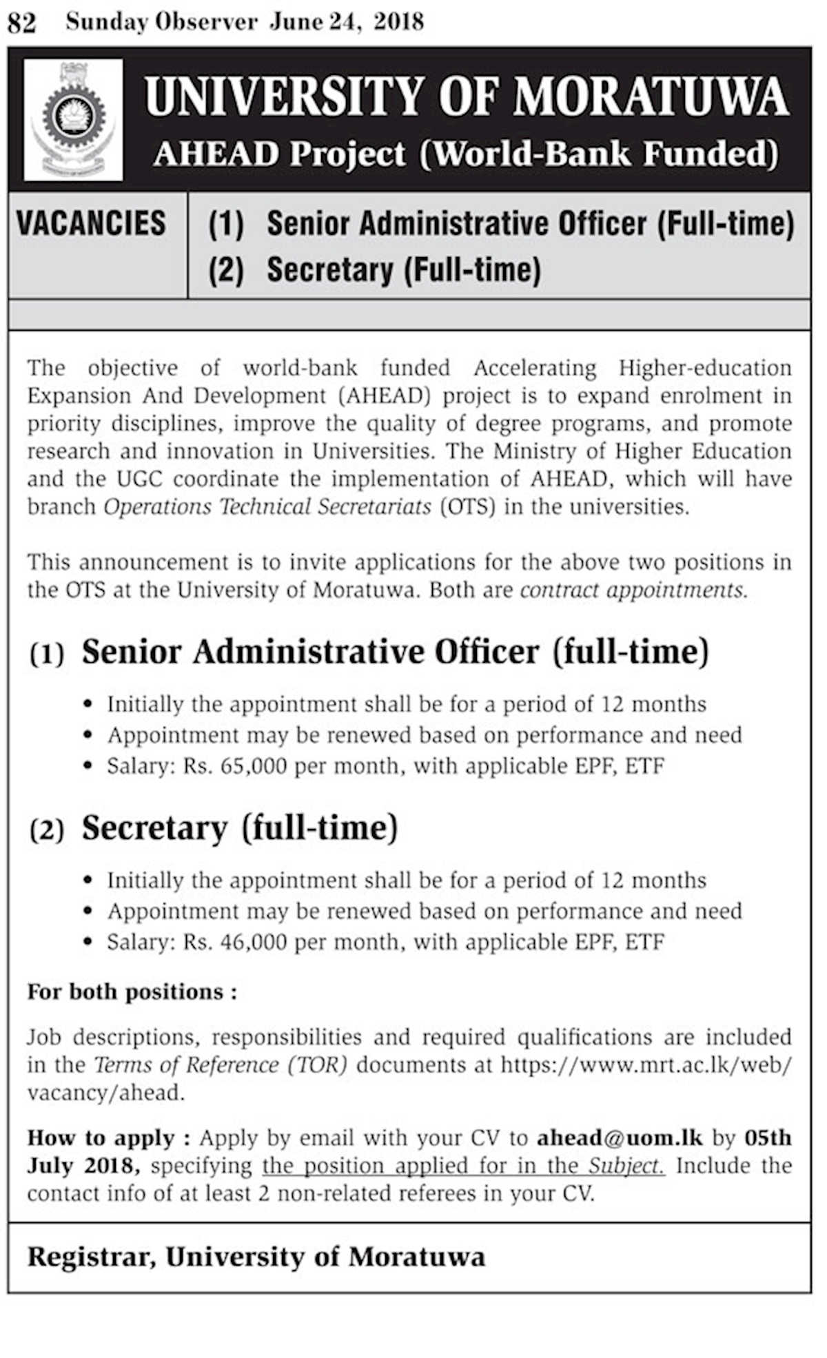 Senior Administrative Officer / Secretary 