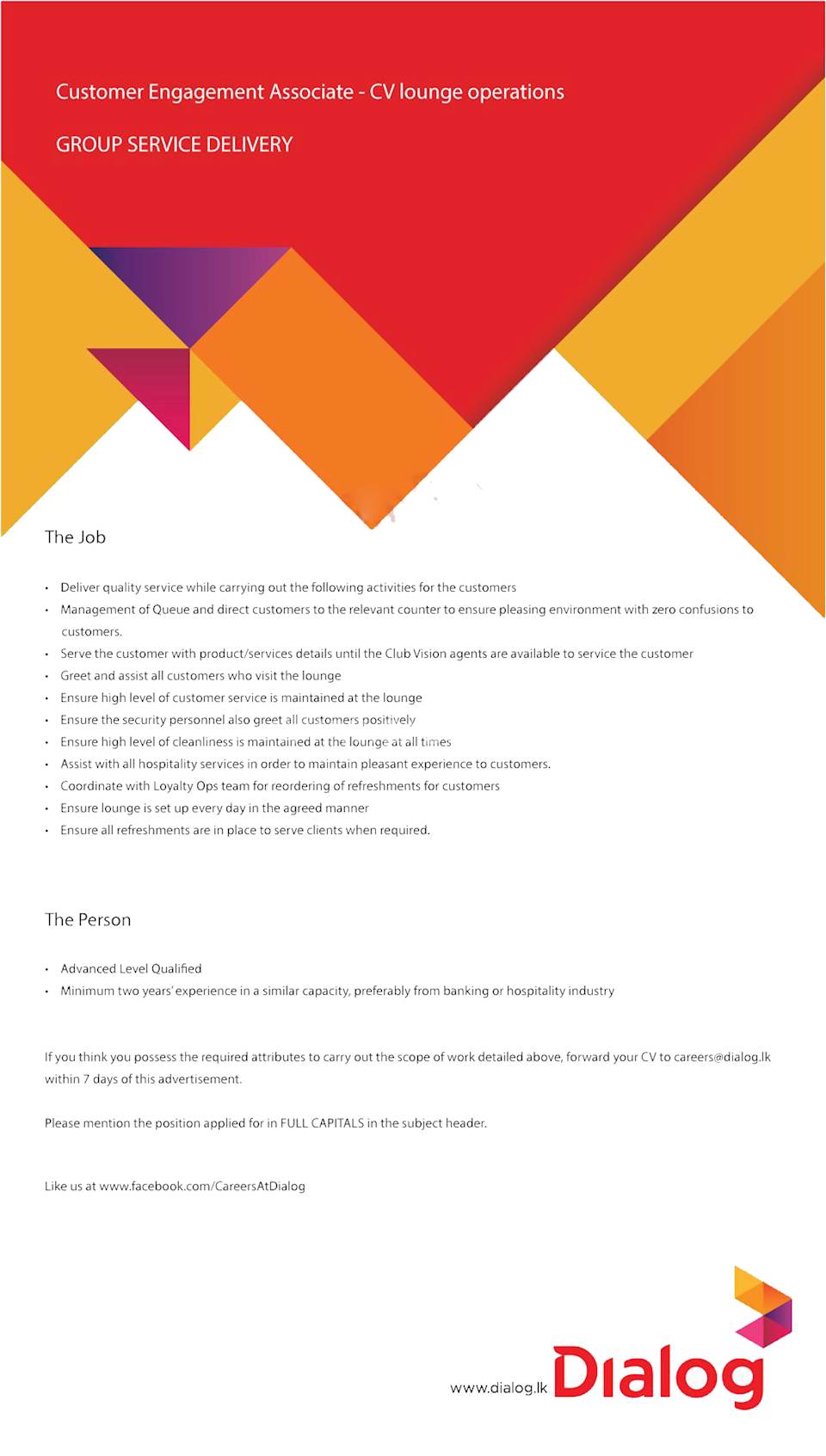 Customer Engagement Associate - CV Lounge Operations at Dialog Axiata