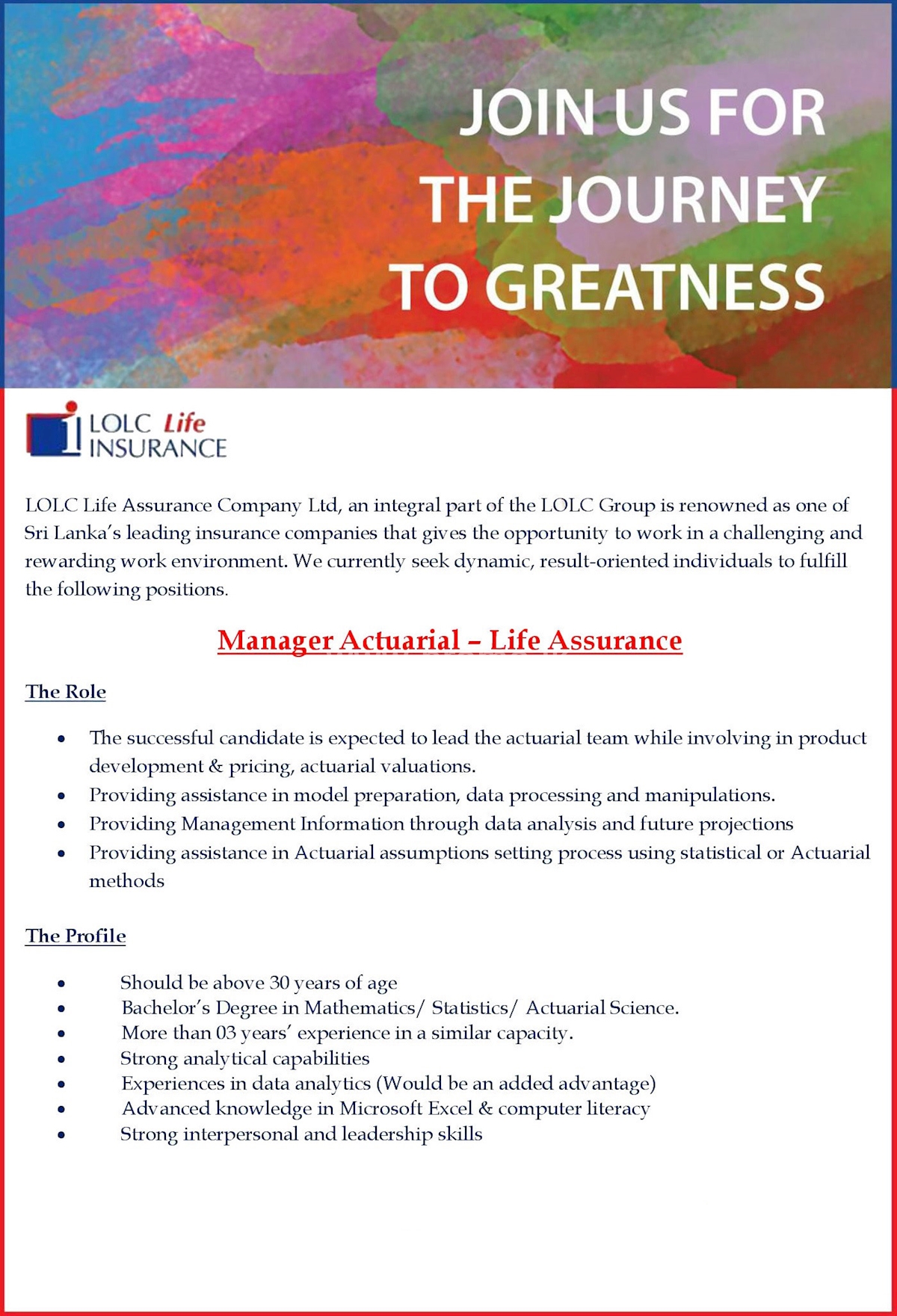 Manager Actuarial - Life Assurance