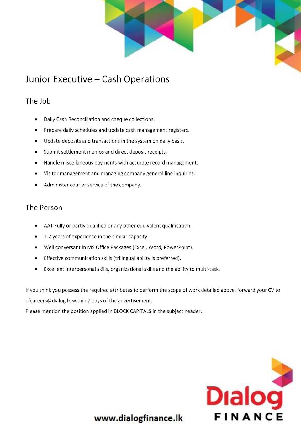 Junior Executive - Cash Operations 