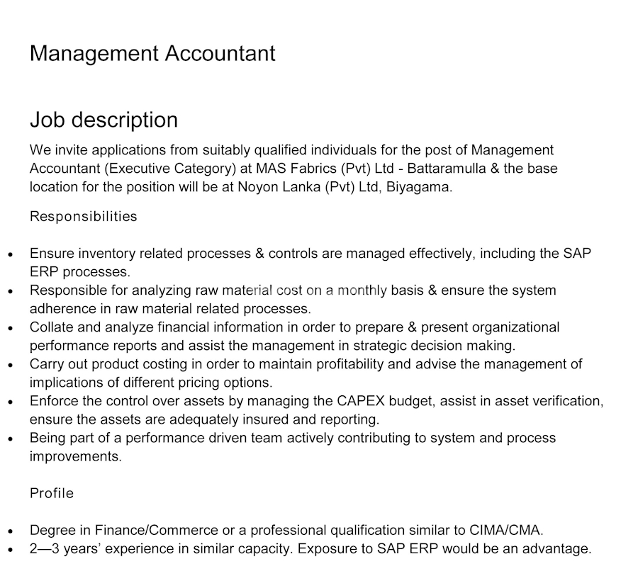 Management Accountant At MAS Holdings