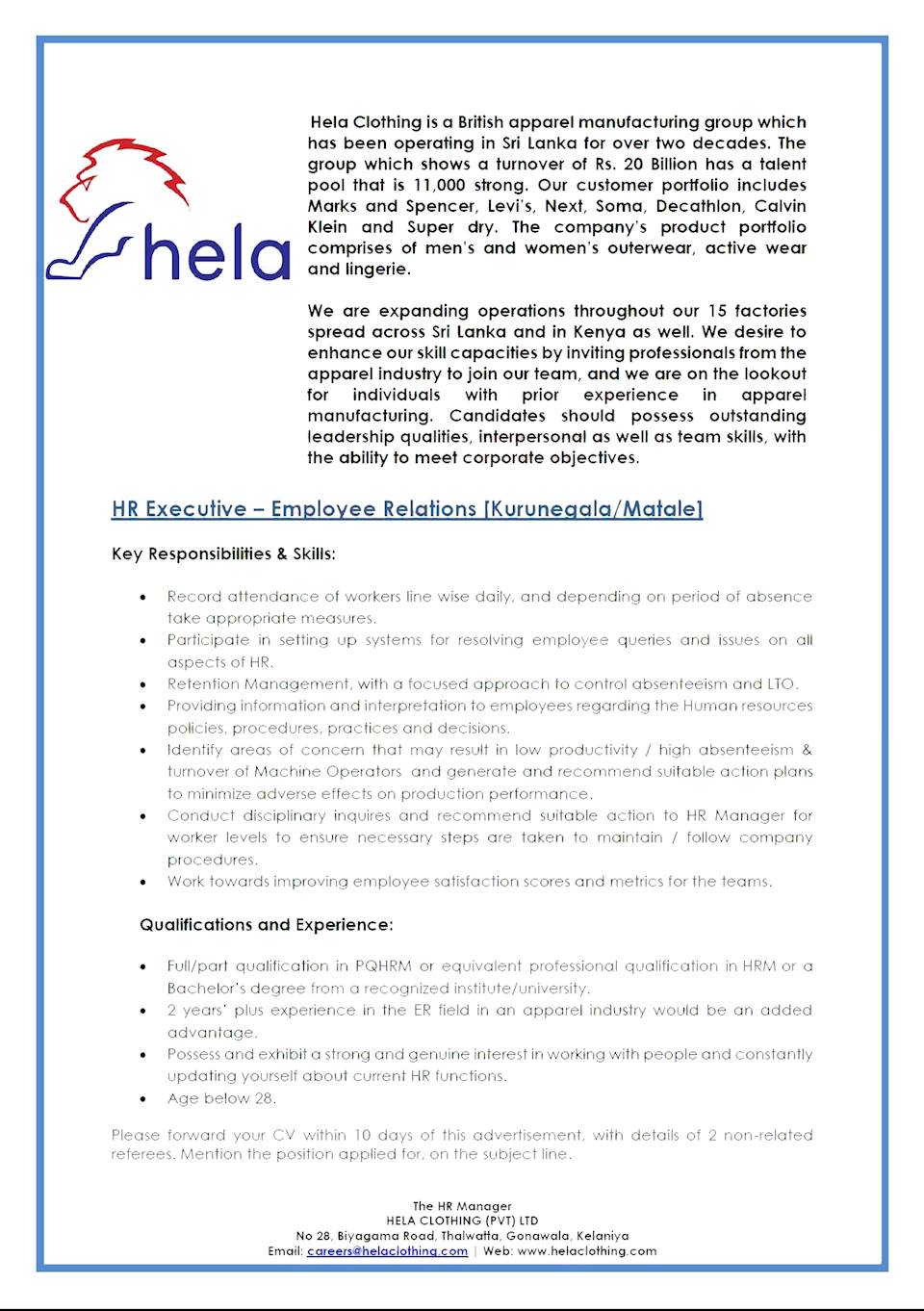 HR Executive - Employee Relations (Kurunegala / Matale)