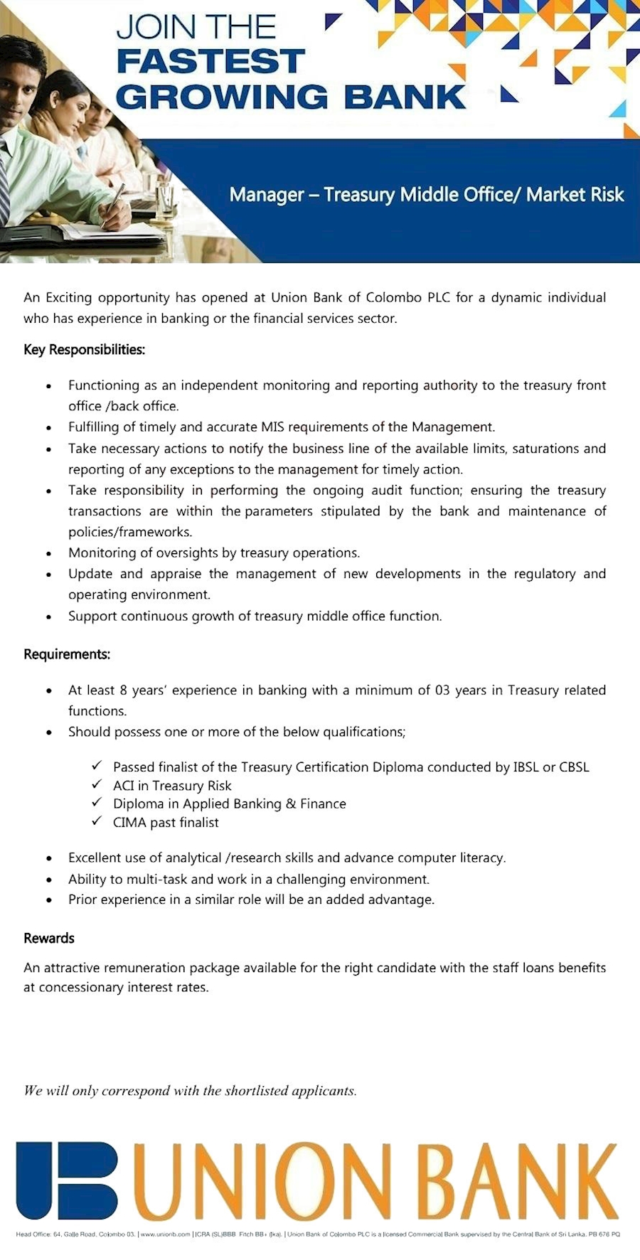 Manager - Treasury Middle Office/Market Risk at Union Bank
