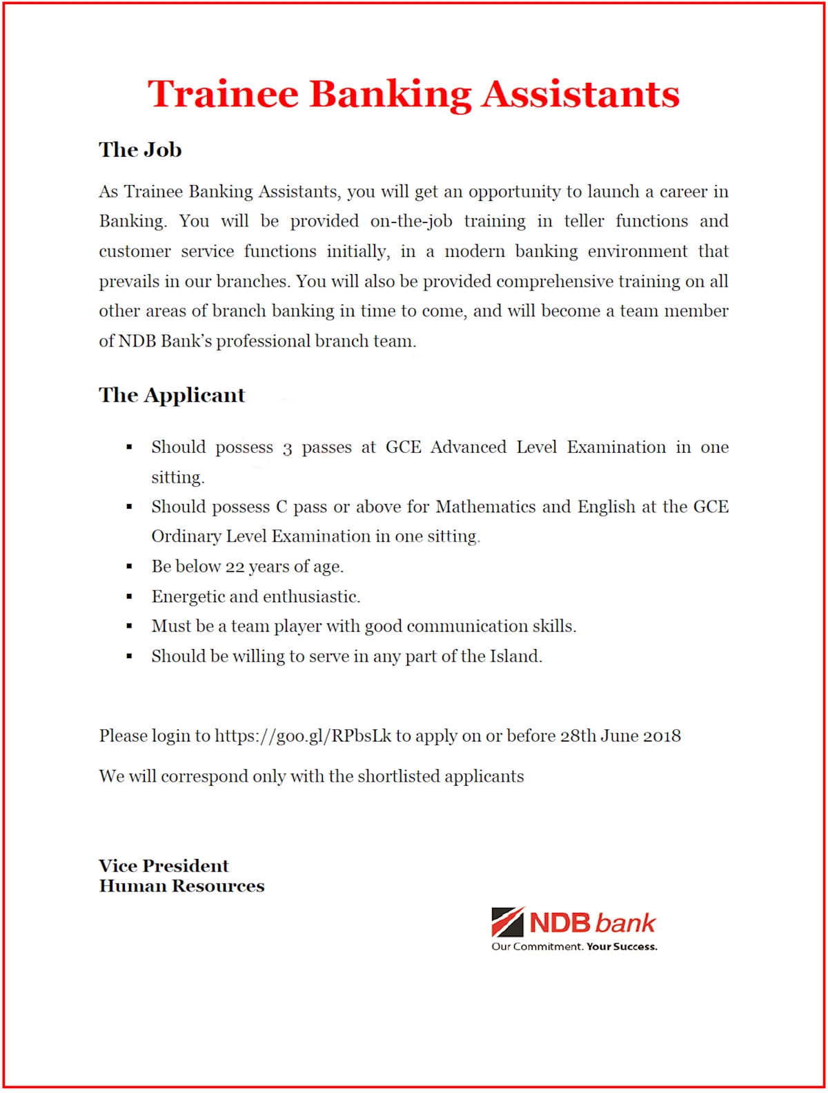 Trainee Banking Assistants