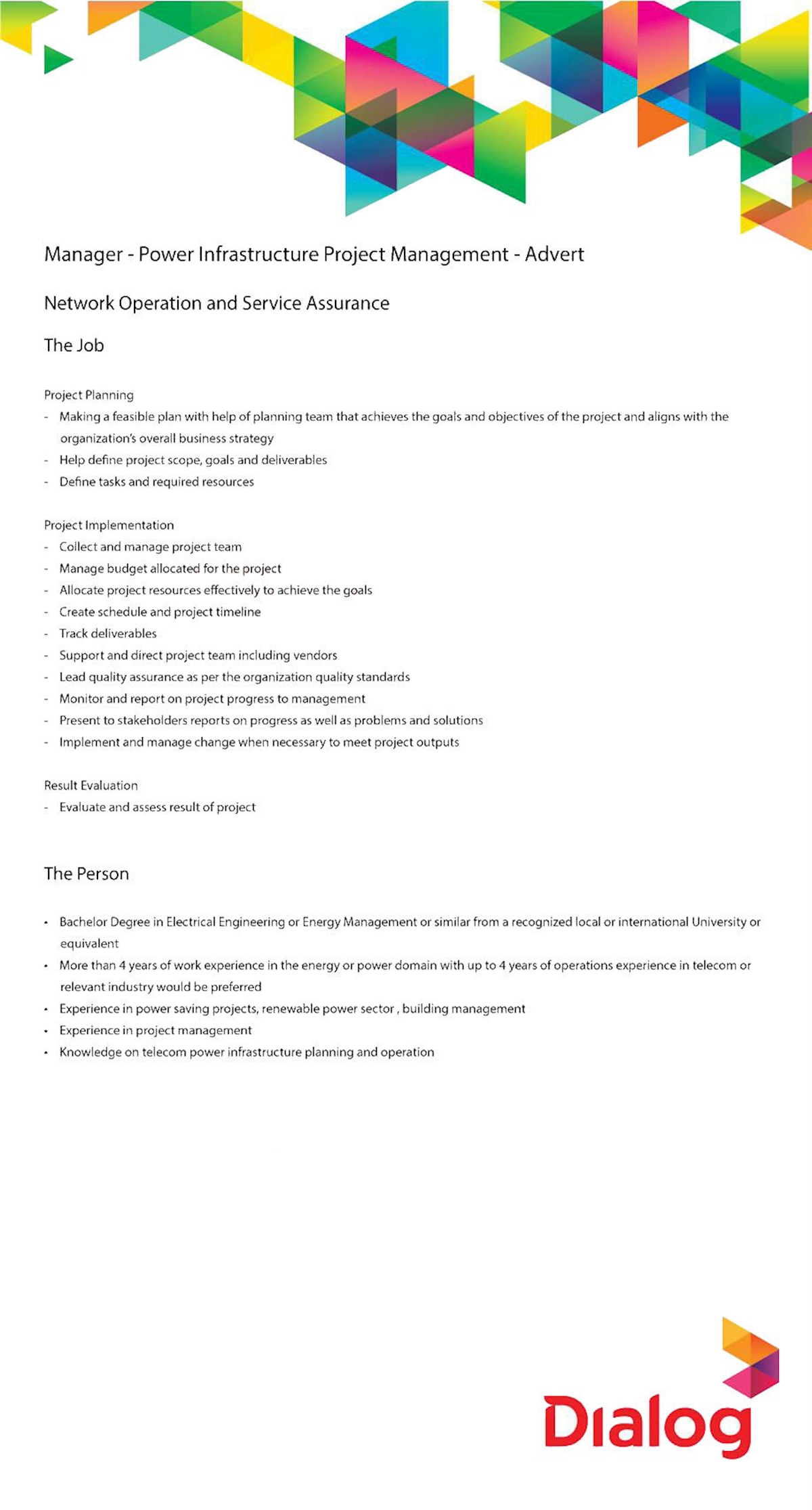Manager - Power Infrastructure Project Management - Advert