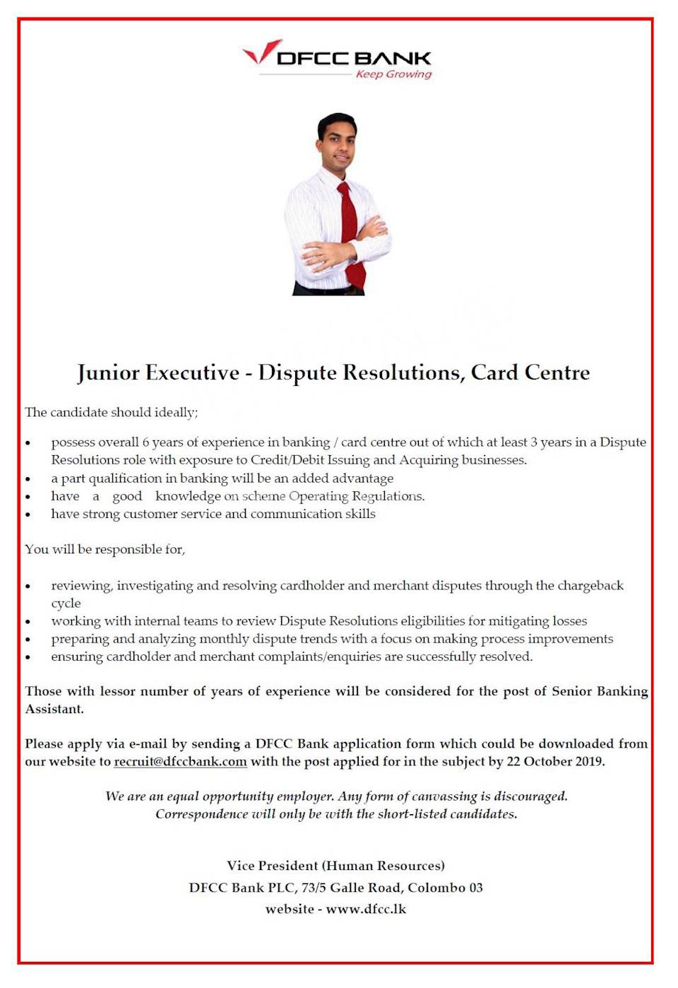 Junior Executive - Dispute Resolutions, Card Centre