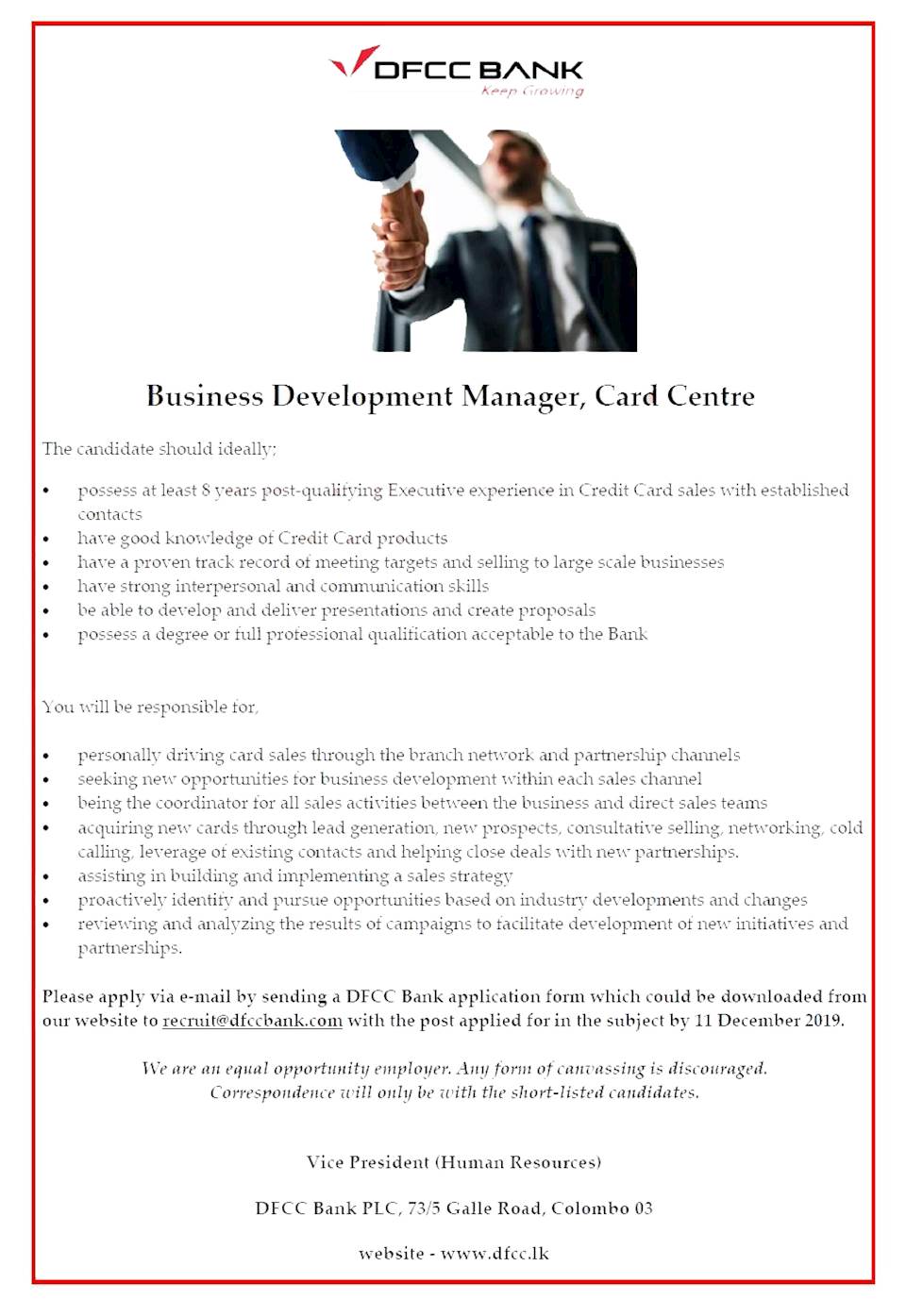 Business Development Manager, Card Centre