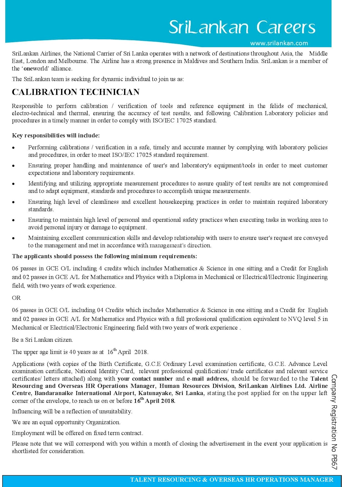 Calibration Technician at Srilankan Airlines