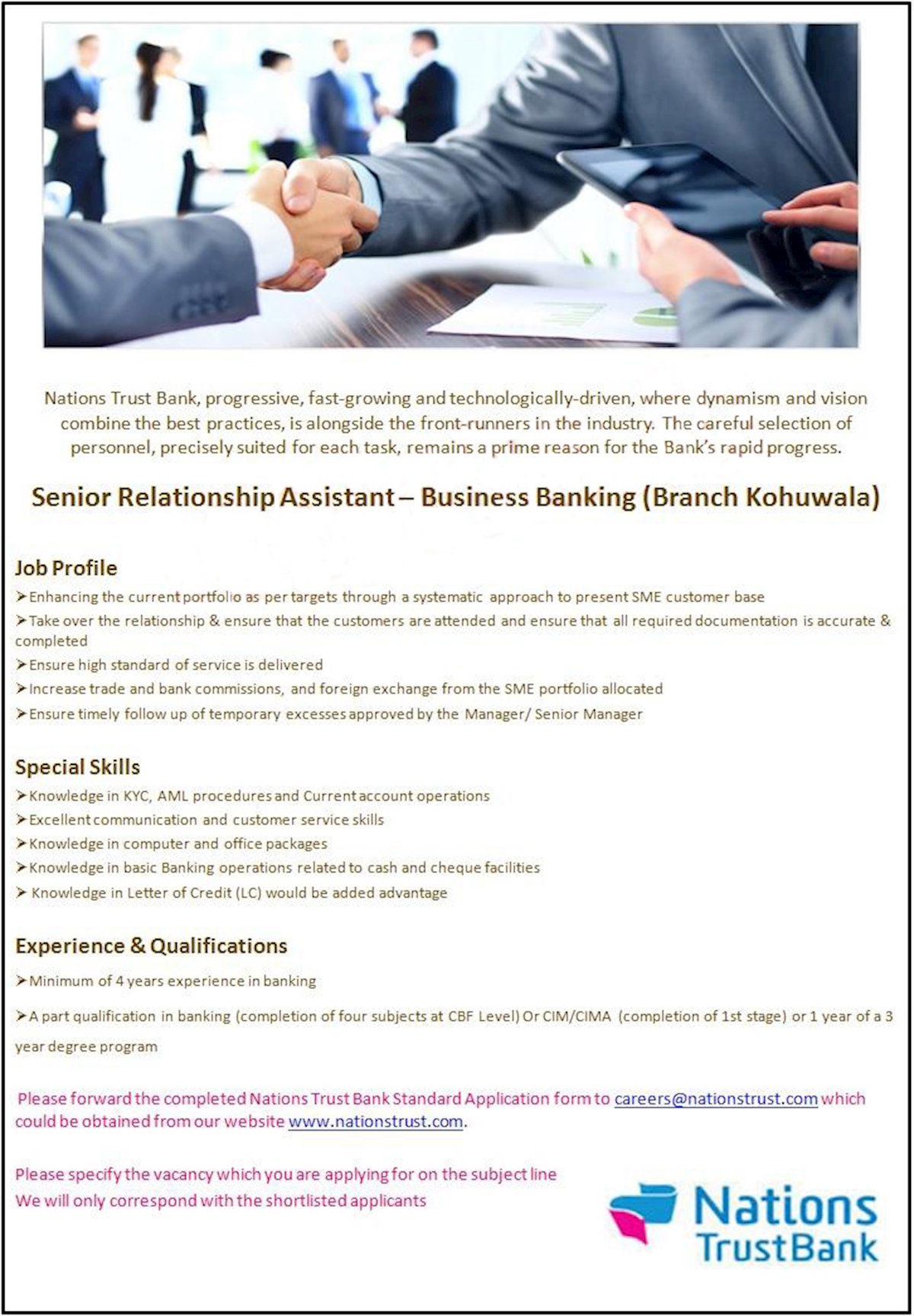 Senior Relationship Assistant Business Banking (Branch Kohuwala) at