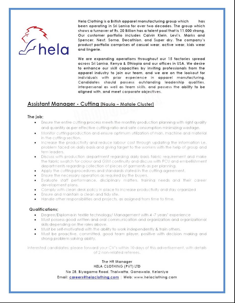 Assistant Manager - Cutting (Naula - Matale Cluster)