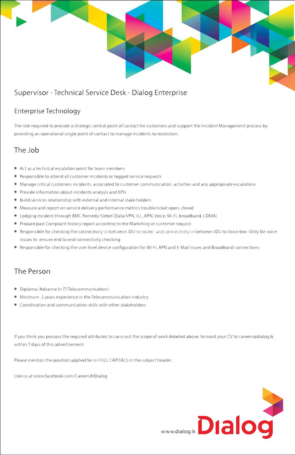 Supervisor - Technical Service Desk - Dialog Enterprise 