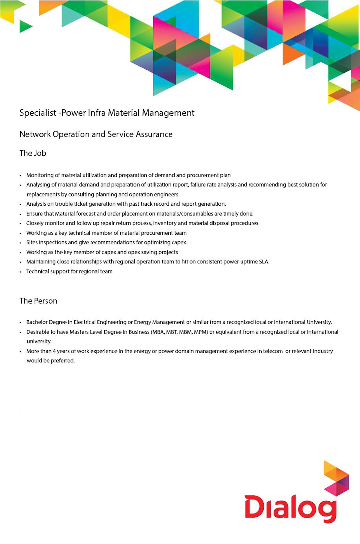 Specialist - Power Infra Material Management 