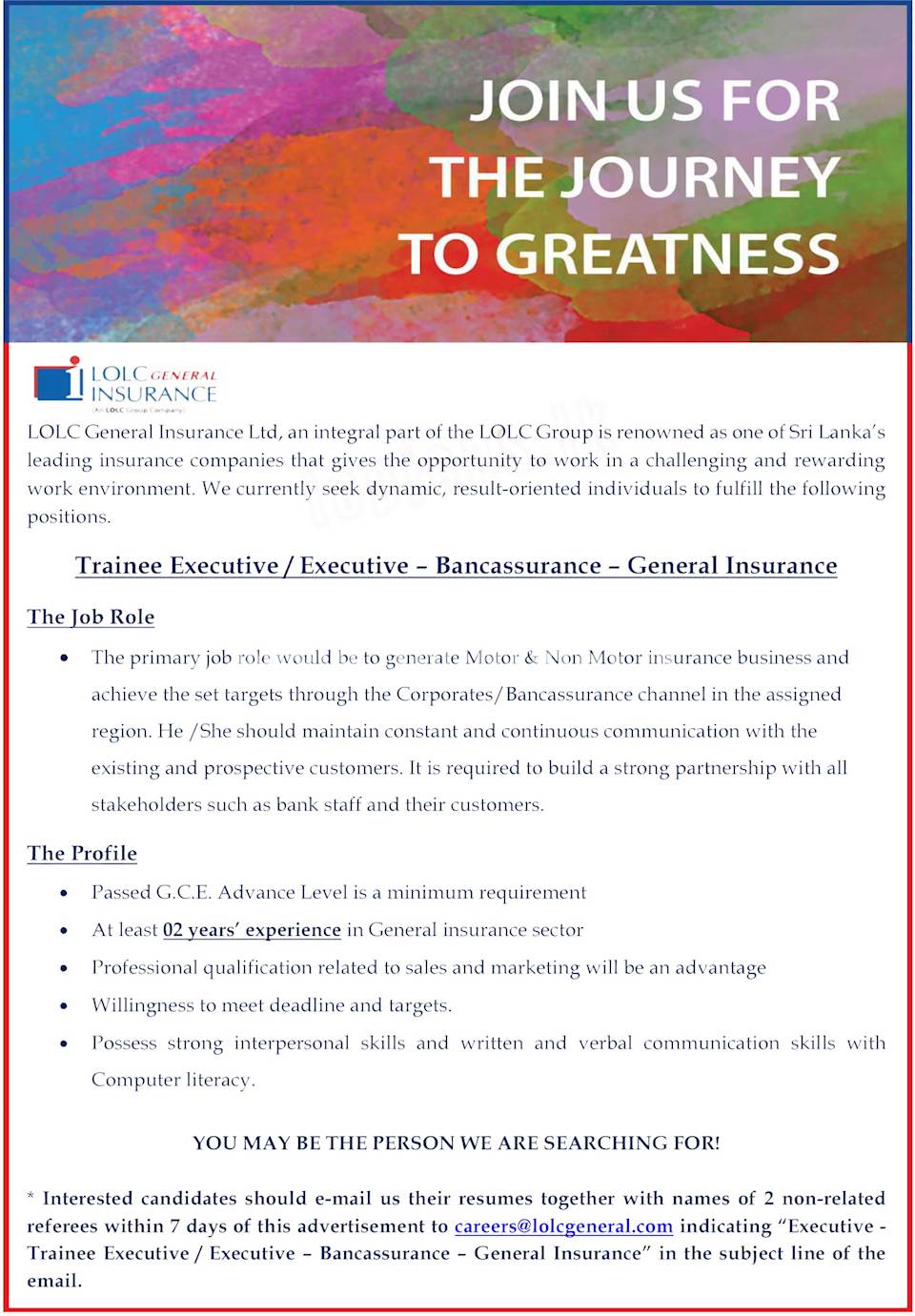 Trainee Executive / Executive - Bancassurance - General Insurance