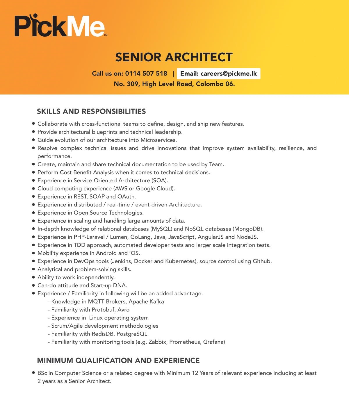 Senior Architect At PickMe lk