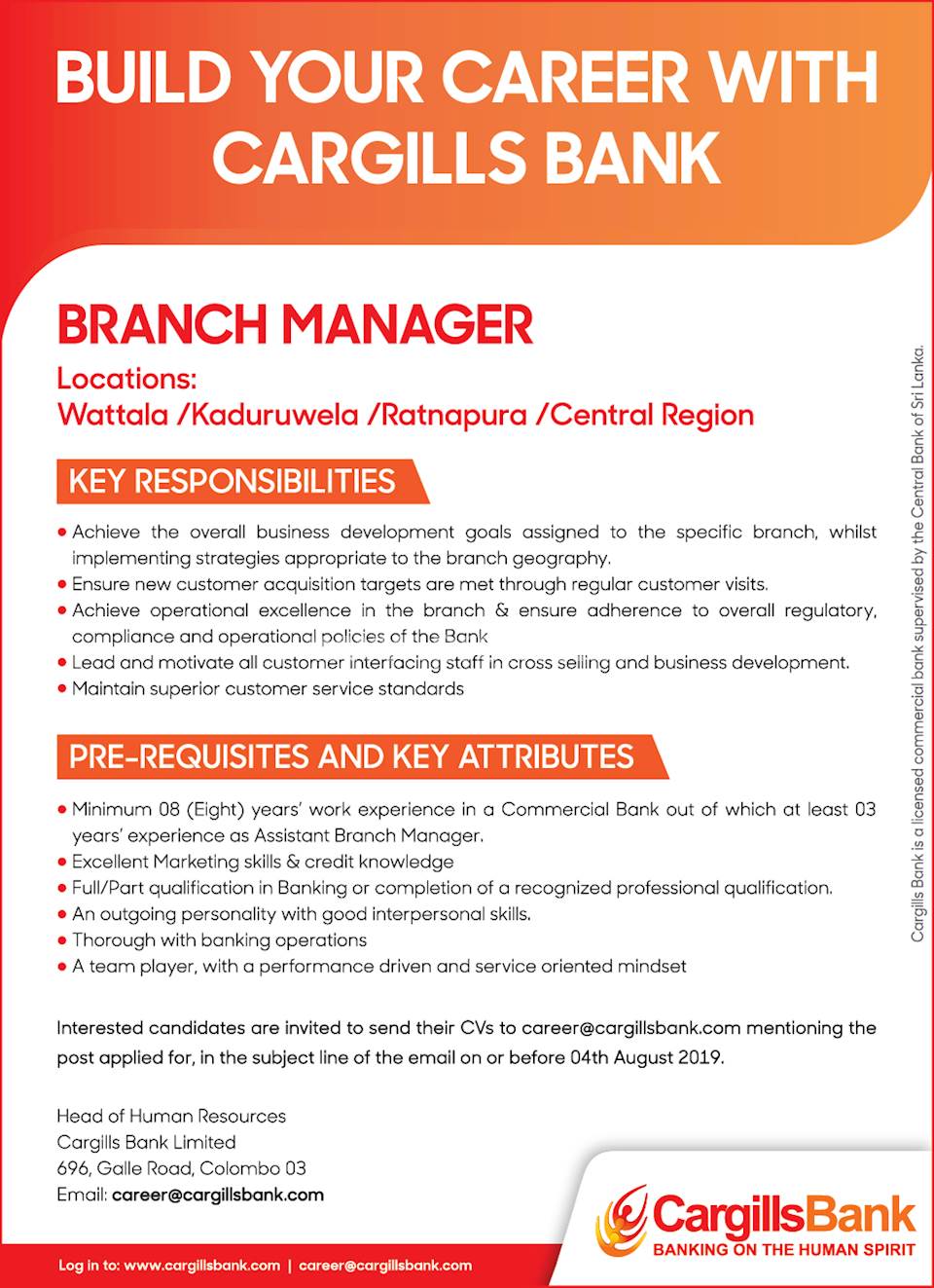 Branch Manager - Wattala/Kaduruwela/Ratnapura/Central Region