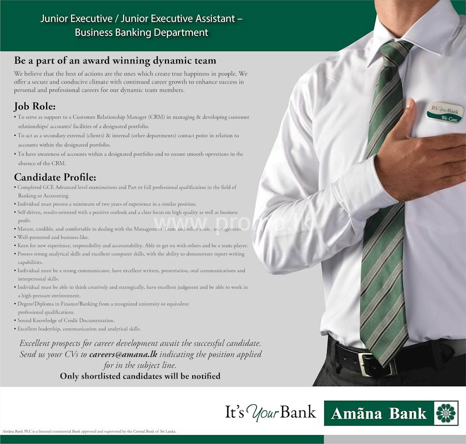 Junior Executive / Junior Executive Assistant - Business Banking Department