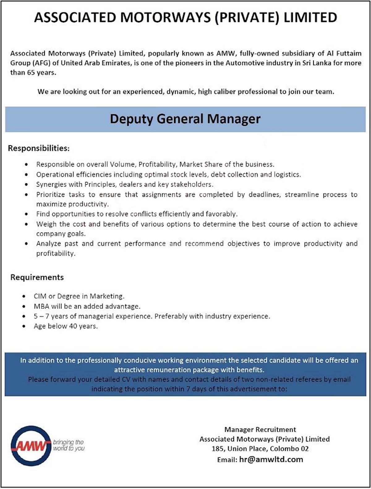 Deputy General Manager at Associated Motorways (Private) Limited
