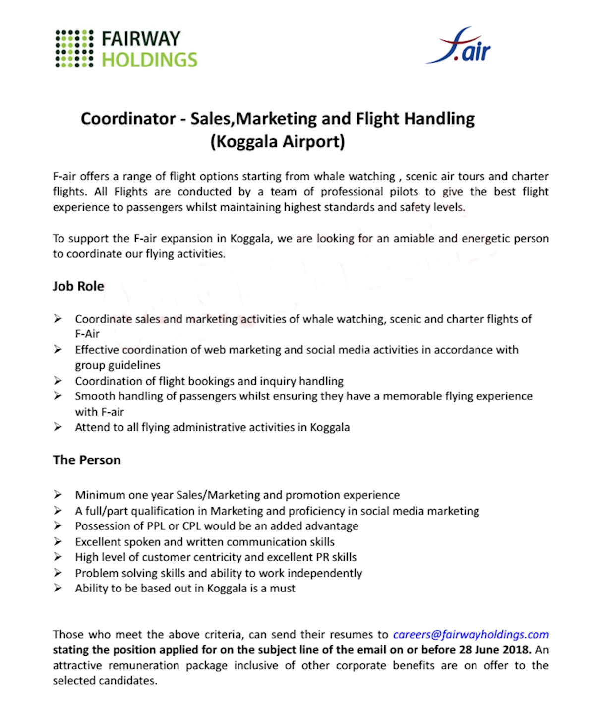 Coordinator - Sales, Marketing and Flight Handling (Koggala Airport)