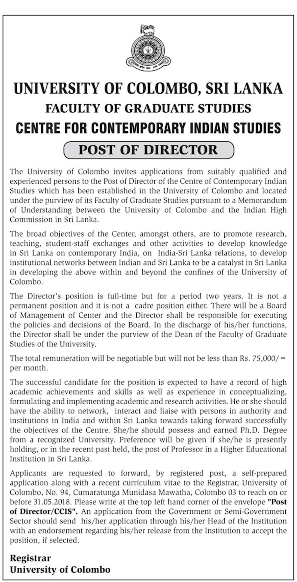 Faculty of Graduate Studies - Post of Director
