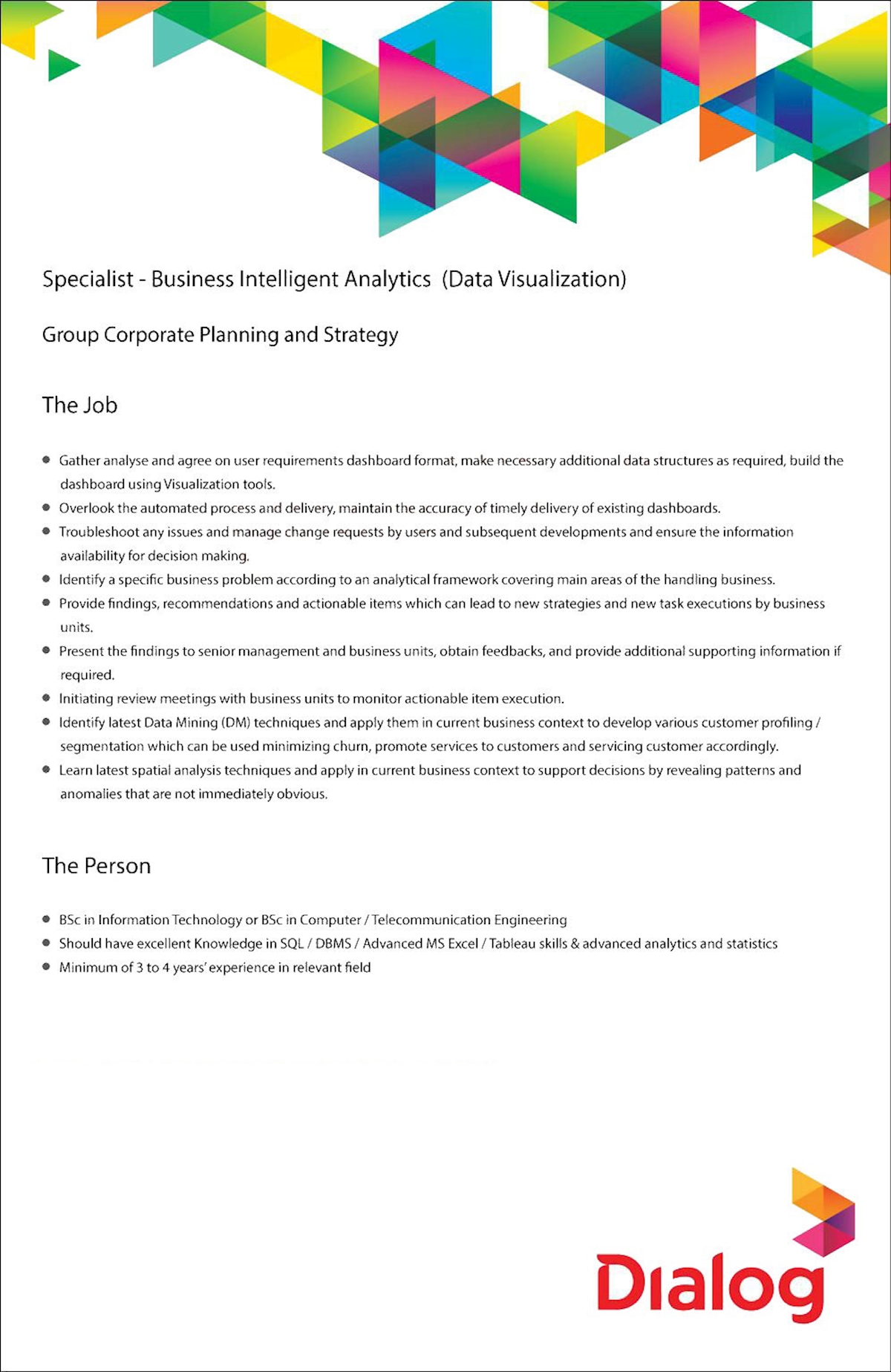 Specialist - Business Intelligent Analytics (Data Visualization)
