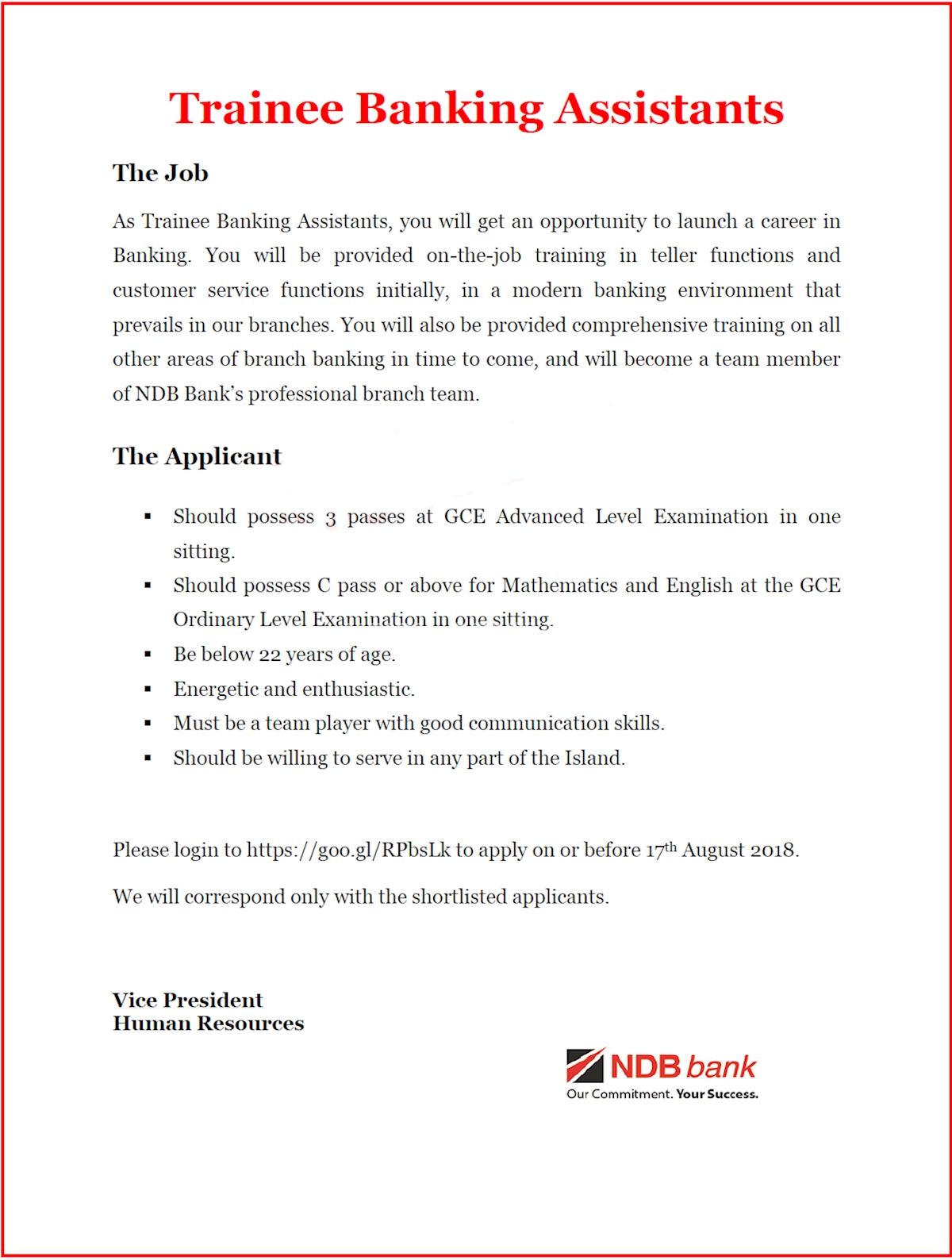 Trainee Banking Assistants