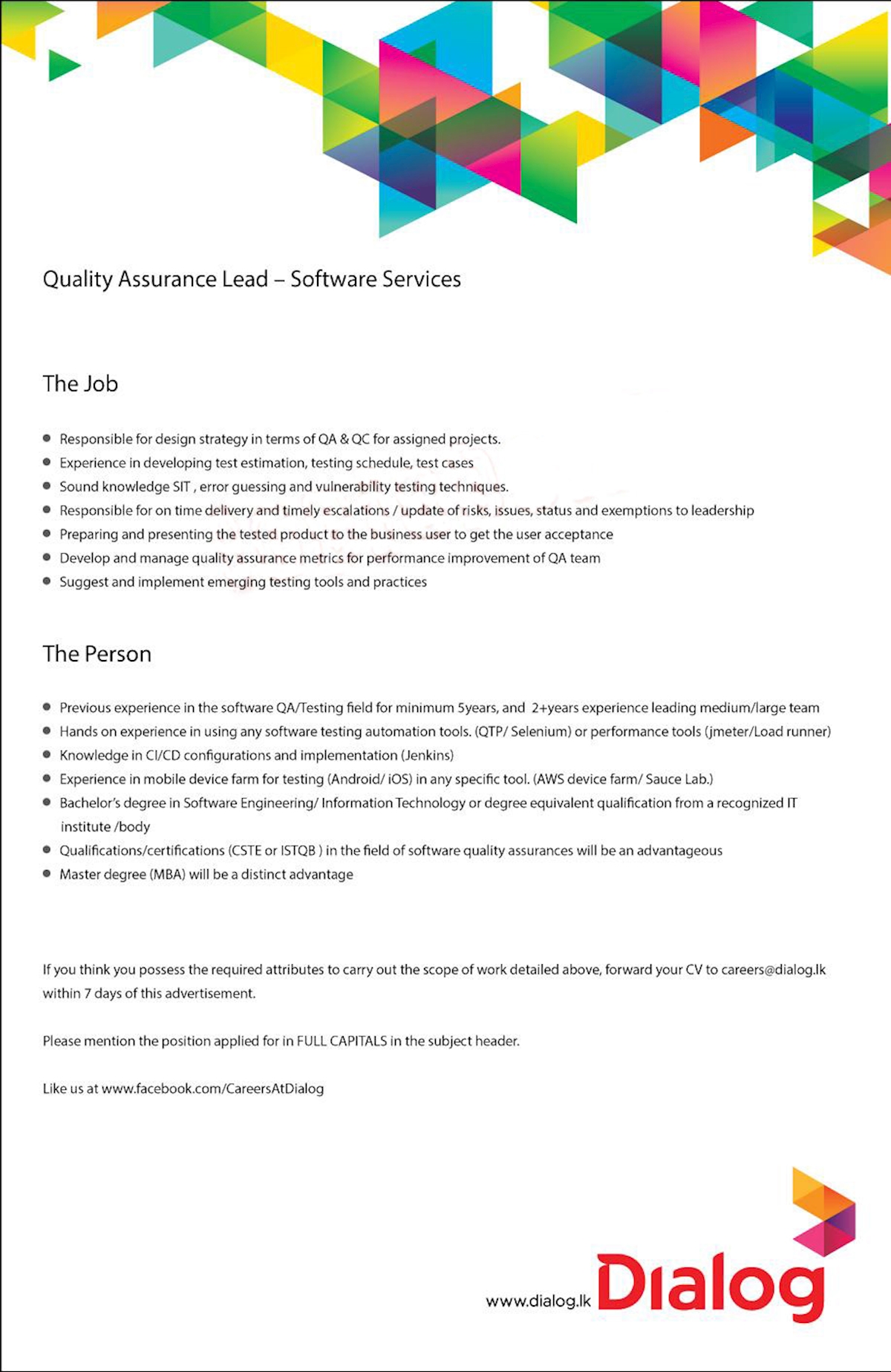 Quality Assurance Lead - Software Services 