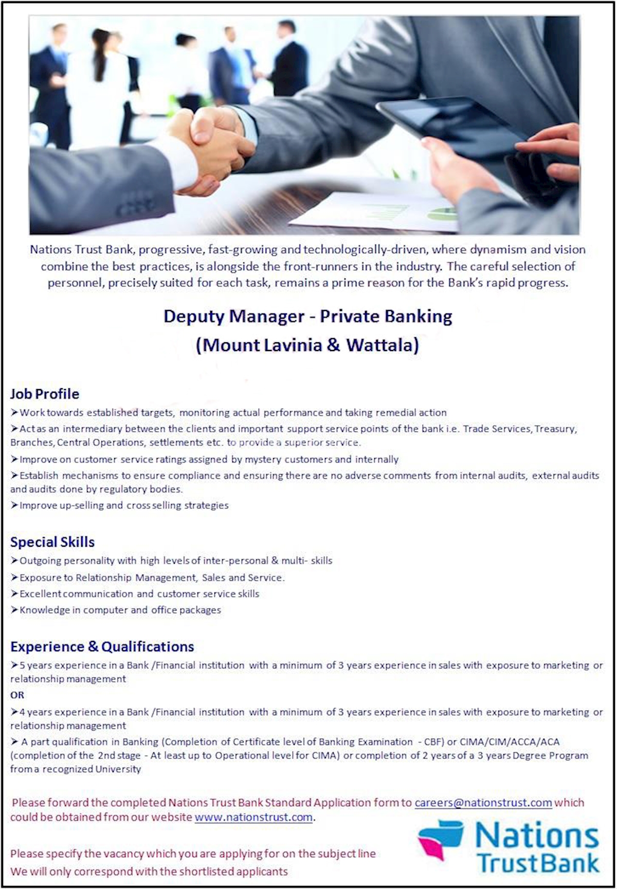 Deputy Manager - Private Banking (Mount Lavinia and Wattala)