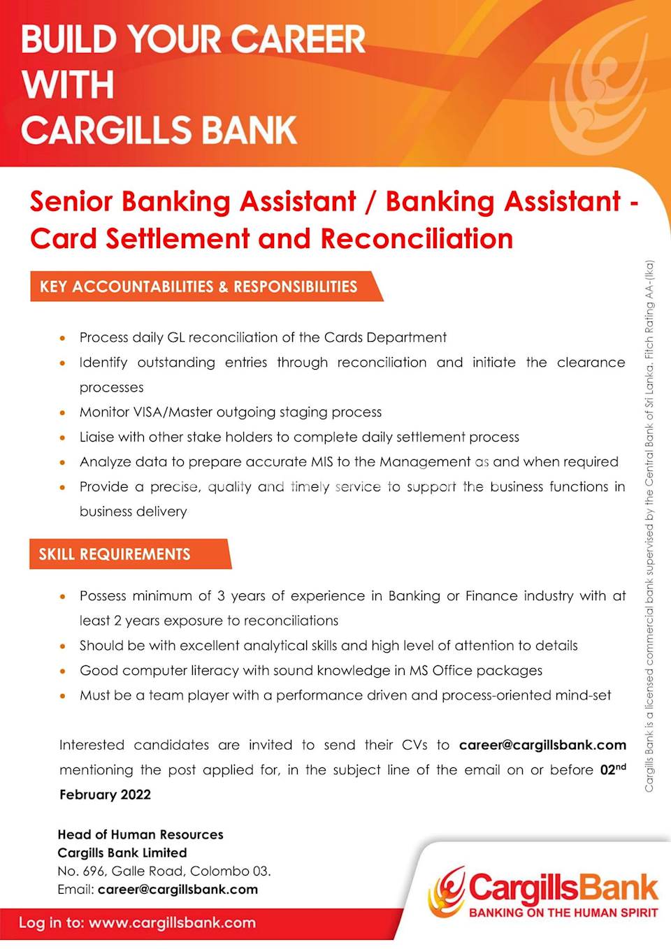 Senior Banking Assistant and Banking Assistant for Card Settlements and Reconciliation