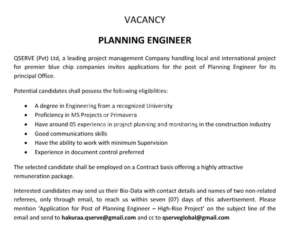 Planning Engineer at QServe (Pvt) Ltd