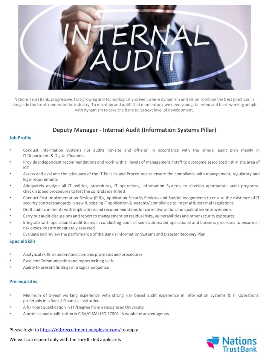 Deputy Manager - Internal Audit (Information Systems Pillar)