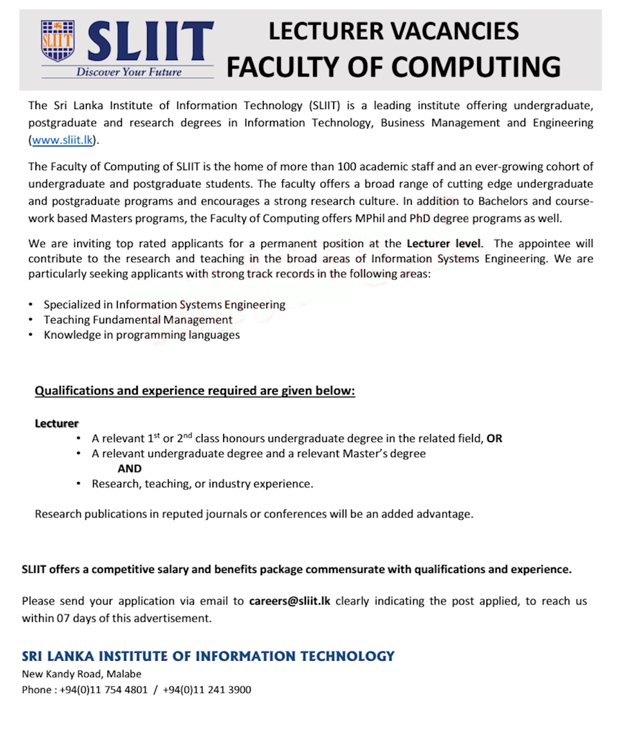 Lecturer Vacancies - Faculty of Computing at SLIIT