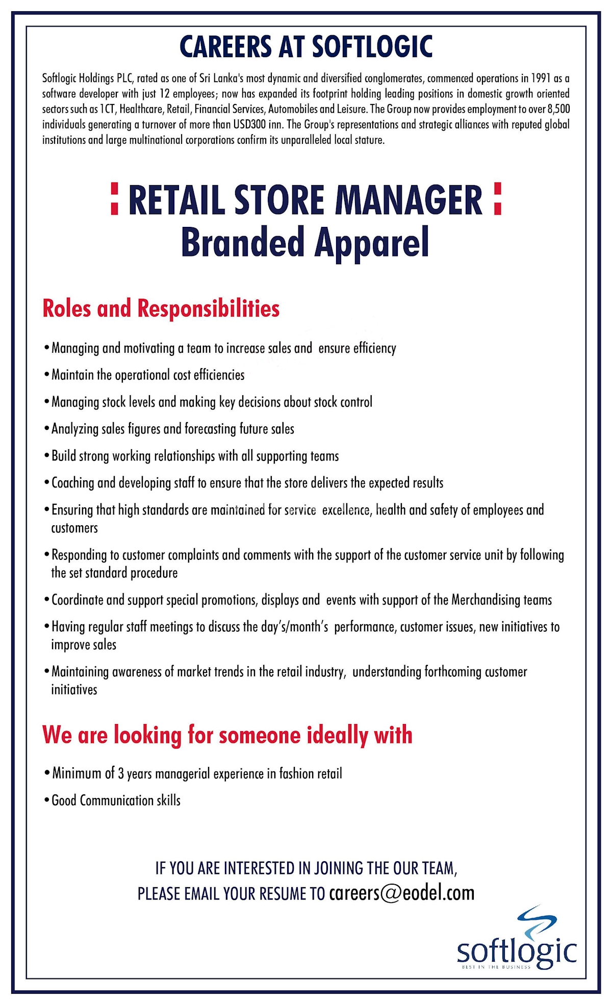 Retail Store Manager - Branded Apparel